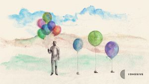 Figure, uplifted by balloons