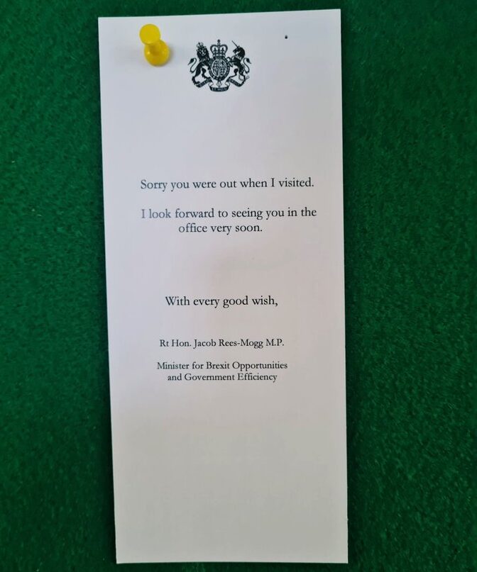 Jacob Rees Mogg's bullying note in his campaign against hybrid working. It reads 'Sorry you were out when I visited. I look forward to seeing you in the office very soon.
