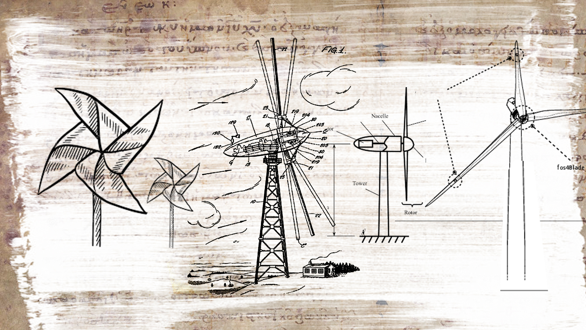 A selection of engineering sketches of successive generations of wind turbines, starting from a child's windmill, illustrating upcycling, as a metaphor for content upcycling.
