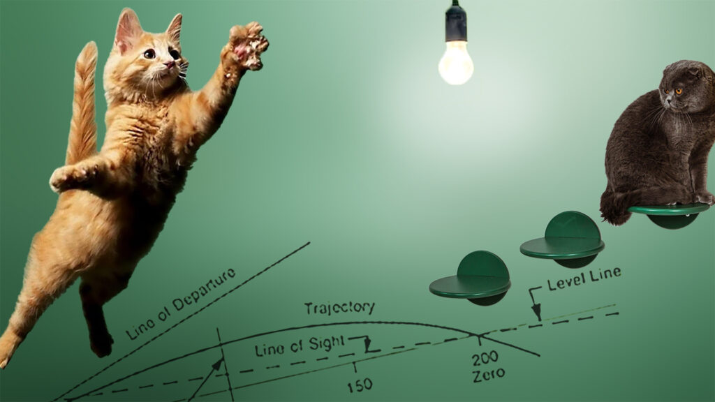 A bold ginger cat tries to leap a gap to reach a pensive-looking black cat sitting on a bookshelf. The finer is distracted by the bright, shiny lightbulb. A graph of departure angle versus trajectory shows this is about to end badly for the red-head.