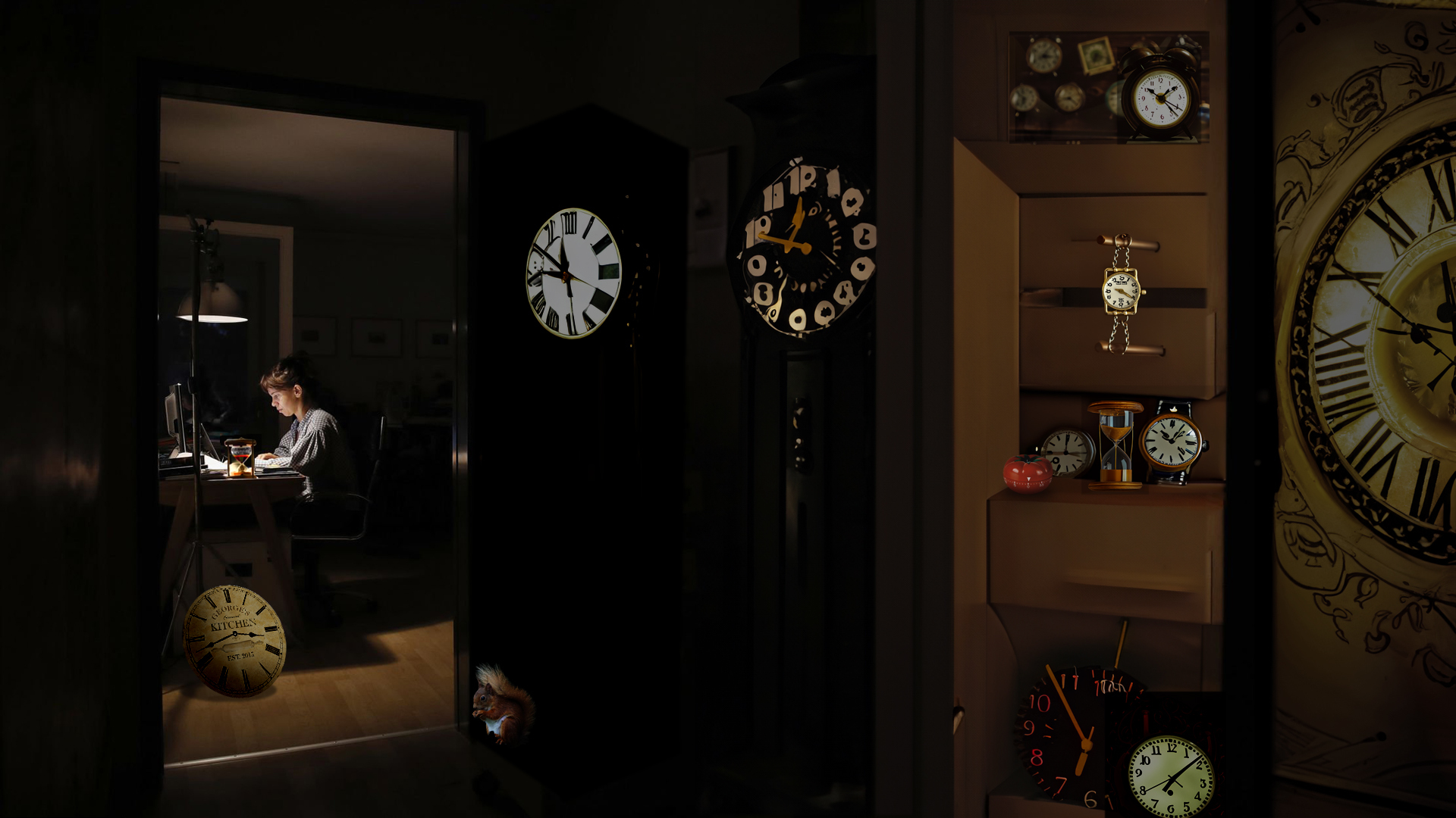 A hallway full of clocks, gives way to a view through an open door. In a room lit by a desk lamp, someone works at a computer. On their desk is an upturned hourglass. We all feel the pressure of time. Let's learn how manage, not magnify, it.