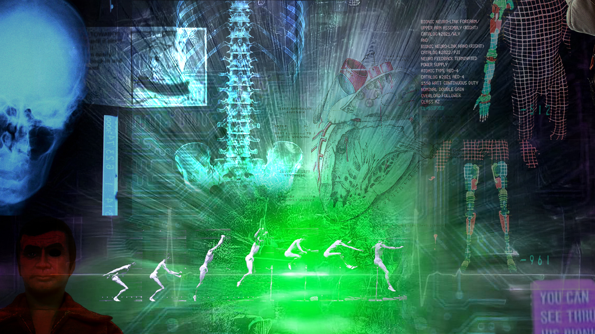 The image scans like a mood-board for an enhanced sales person, including scans of head, heart and spine, and suggestions of bionic implants to arms, ee