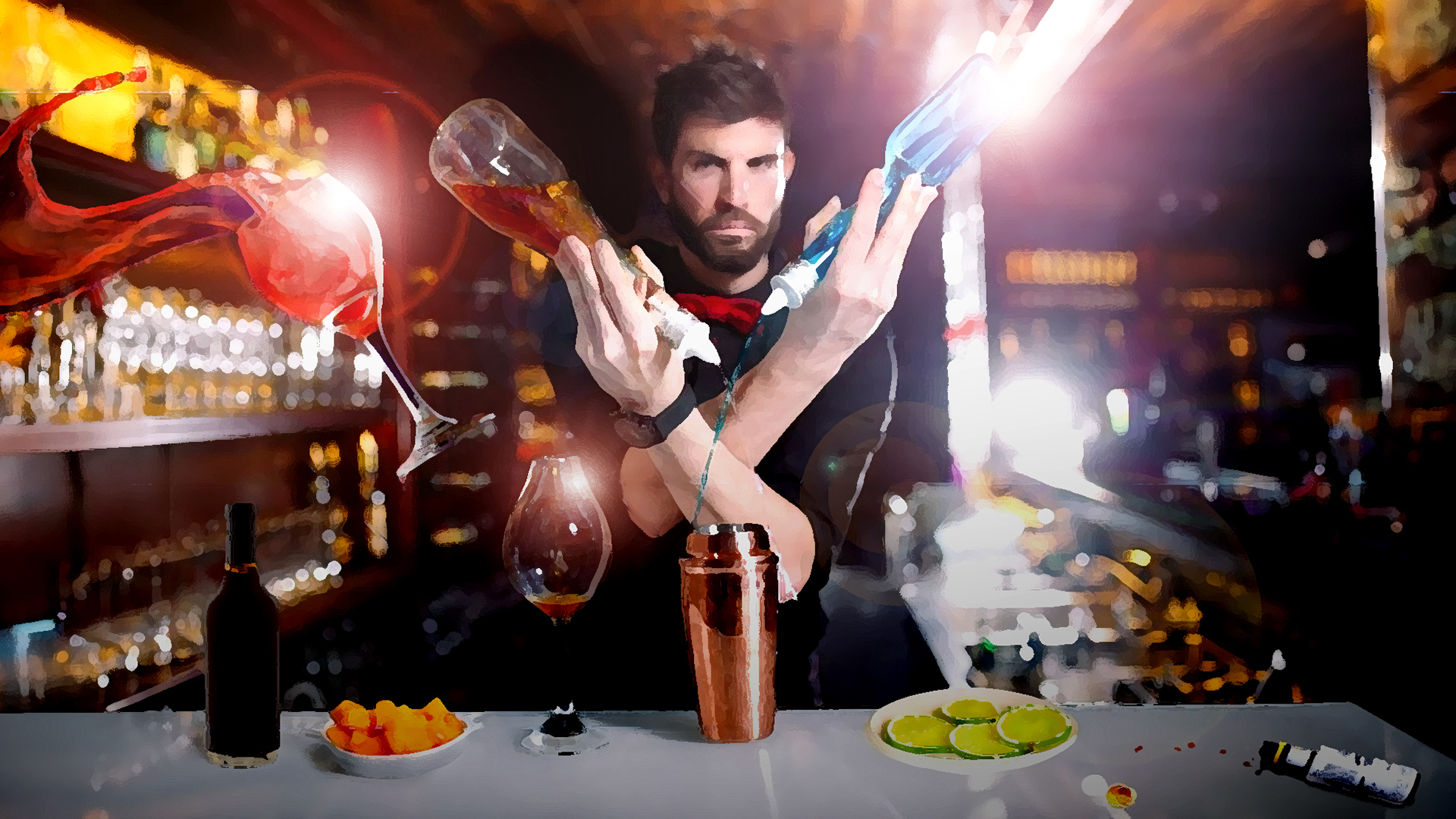 A barman stands in front of a counter of ingredients and pours spirits and bitters into a cocktail shaker with theatrical flourish. It's our metaphor for creating the perfect brand tone of voice cocktail.