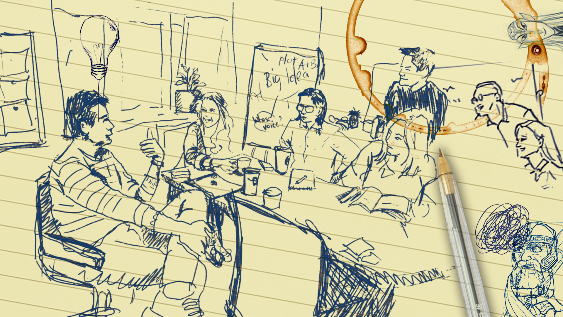 On a sheet of lined writing paper complete with coffee mug stain, a sketch of a group of writers and AI participating in collaborative creation. It's a writers room.