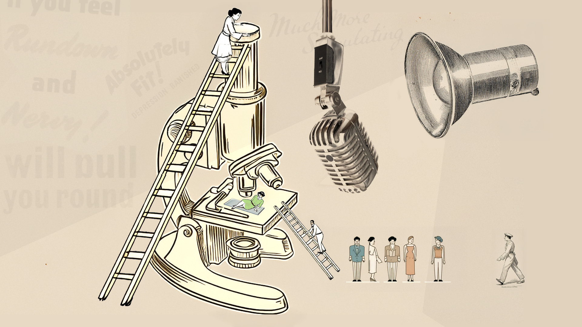 A microscope the size of a block of flats is scaled by ladders. A figure looks in the eye piece as other humans offer themselves up for close inspection. Their words are captured by an oversized microphone. The "putting yourself under a microscope" is a metaphor for the kind of perspective needed to write a new story for your business.