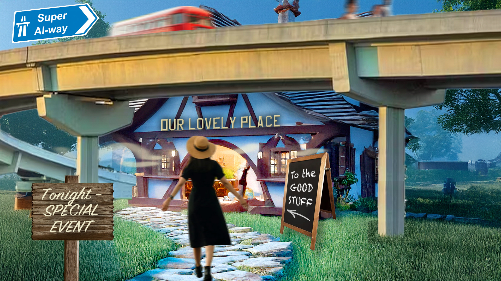 An inviting destination - our lovely place - sits invitingly under a road bridge signposted as Super AI- Way. It's a metaphor for how to make your website work for real people in the age of AI.