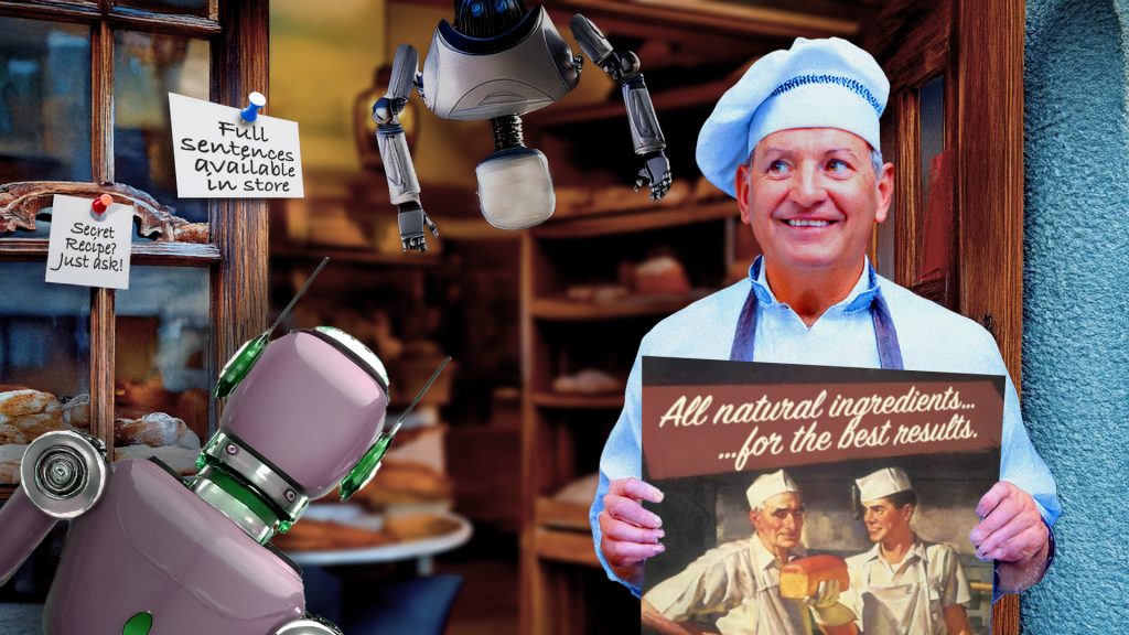 We're illustrating how to get your content seen by real people and AI. A lovely traditional baker's shop, everything crafted to perfection, is has an inquisitive bot leaning in on the door frame. The bakers holds a sign that reads 'all natural ingredients for the best results'. On the door, pinned notices say 'Full sentences available in store' and 'Secret recipe. Just Ask!'
