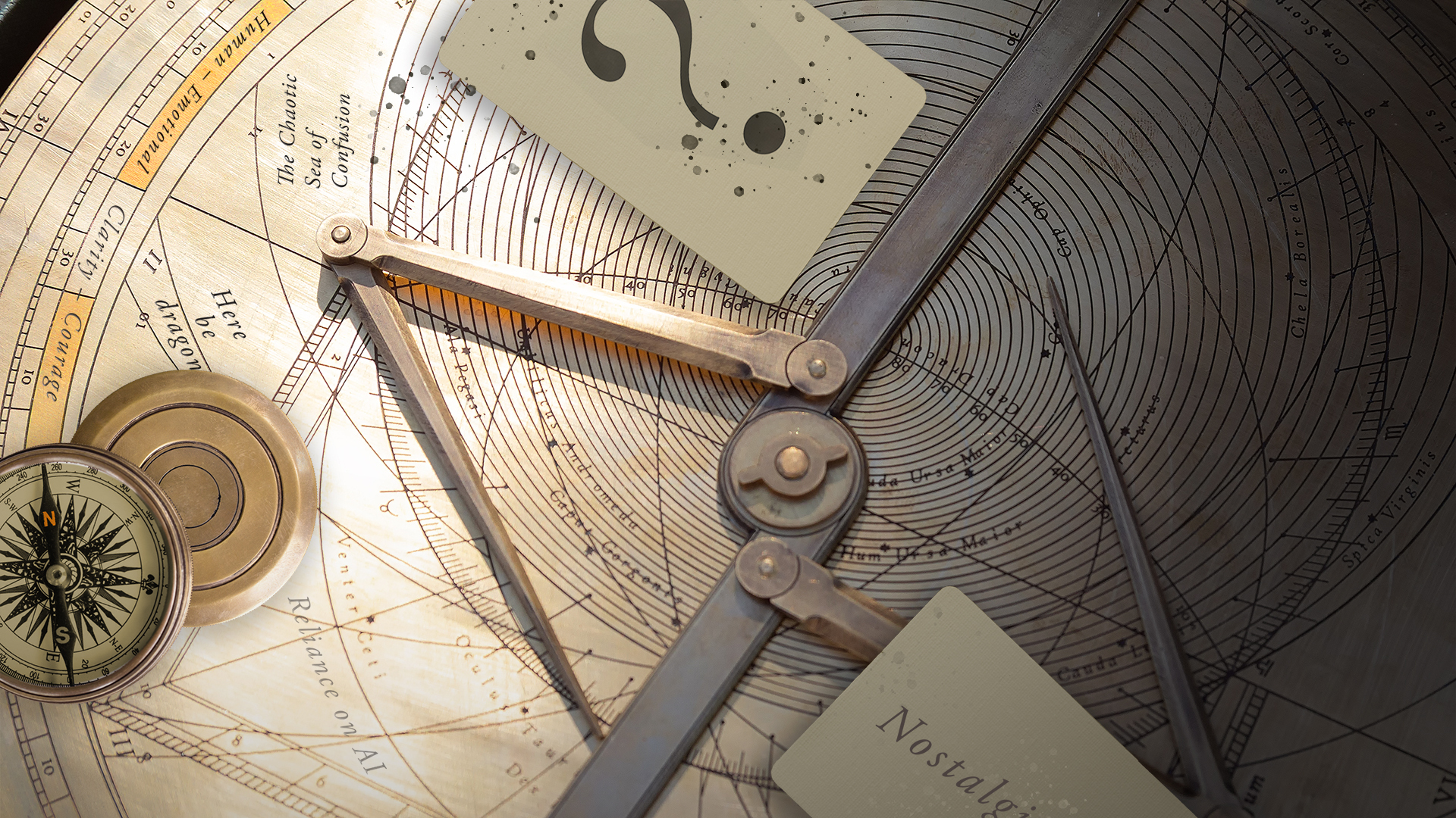 Bringing direction to a confusing marketing maps scape, with compasses and caliber-like plotting instruments, the image explores what marketers fear, hope for and really think.