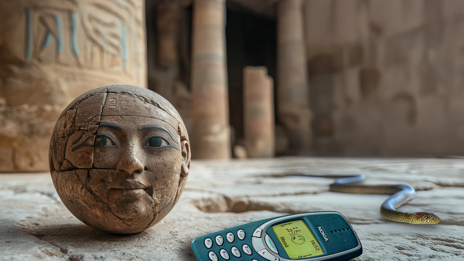 A stone ball carved with a human space, looks at a classic Nokia mobile phone outside the portico of an ancient temple covered in hieroglyphs. It represents the past lives of modern communication