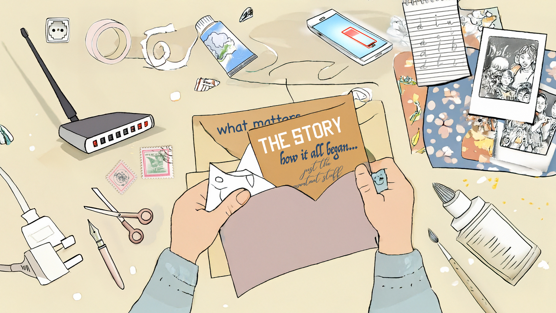 At a desktop strewn with useless routers and orphaned iPhones, a marketer stuff an envelope with the essence of a shared story - the great attractor.
