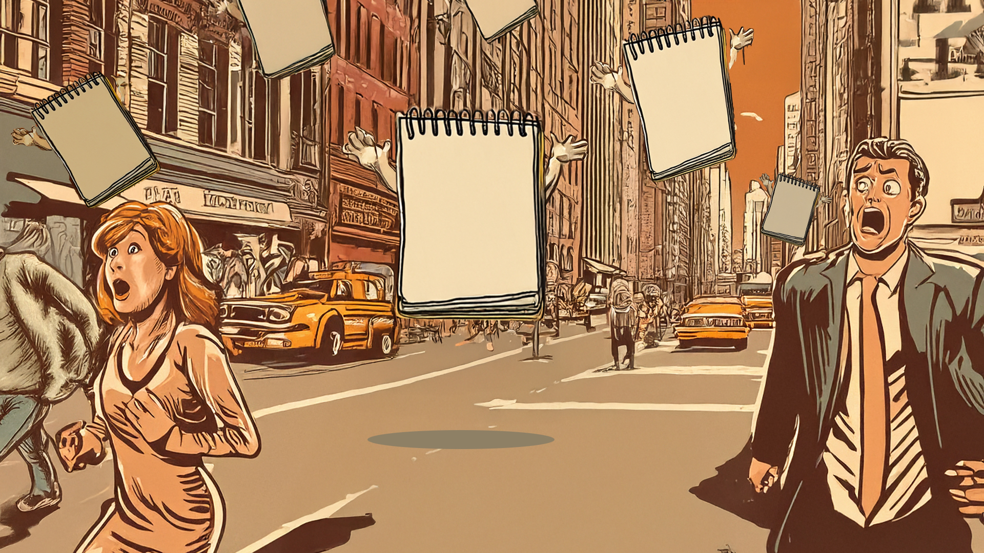 Think of a Hollywood B-movie- a 'creature feature'- and you won't go far wrong. A small group of panicking citizens races down an avenue that could be in New York City, chased by flying note pads with muscley arms but blank pages. It's a metaphor for the horror of writers faced with a blank page.