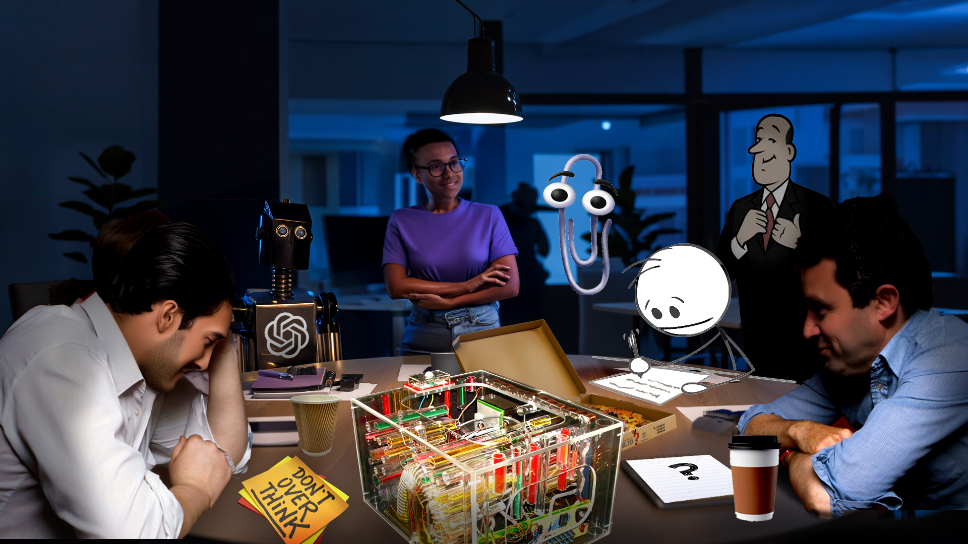 Two people sit head to head, having a deep conversation, while AI listens in. A visual metaphor for how brand story starts outside-in with real conversations, human reflection and AI support.