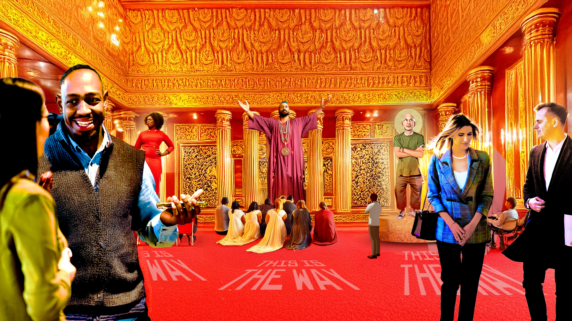 A brightly coloured room has podiums at one end, each occupied by a guru of one flavour or another. A smattering of disciples sit at their feed. At the near end of the room, a regular-looking set of folks are engaged in friendly conversation, ignoring proceedings at the other end. It's a visual metaphor — better to be a guide than a guru.