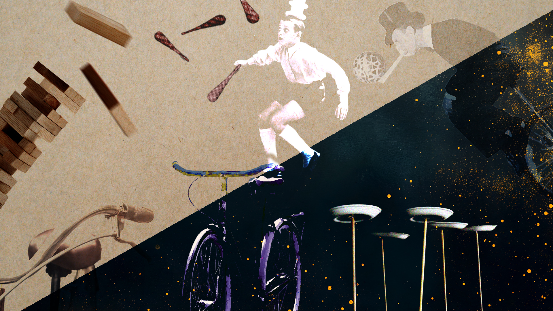 In the colours of coffee and cream, the scene represents the art of finding balance in life. An old style cyclist balances on the saddle of a bike while juggling clubs.