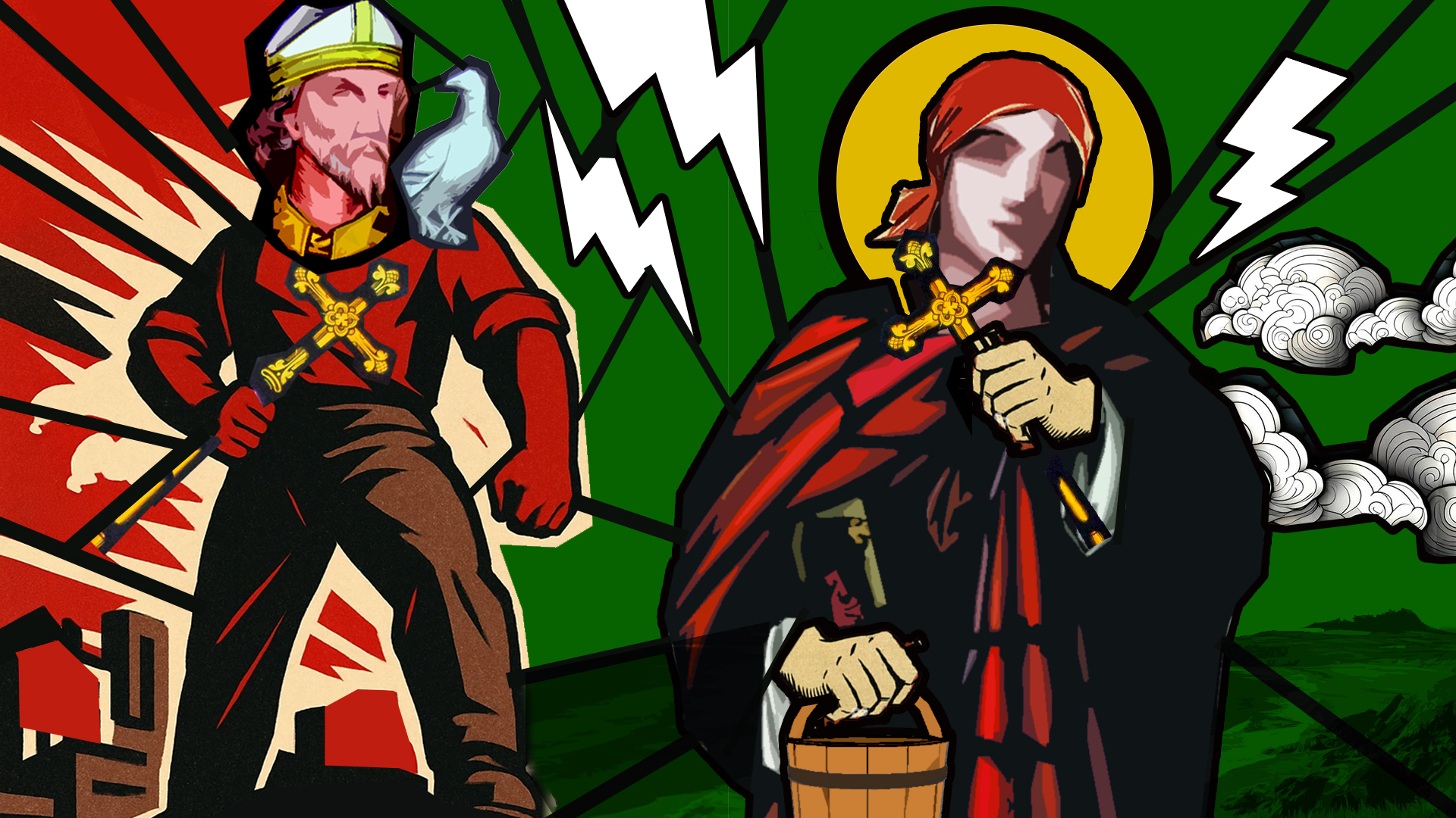 A fusion of graphic novel art and stained glass window, the images show Celtic saints Dewi and Non in action poses. Anointed by their followers, not appointed by committee, these early saints made themselves, and had their impact through stories. A lesson from n history in storytelling and positioning