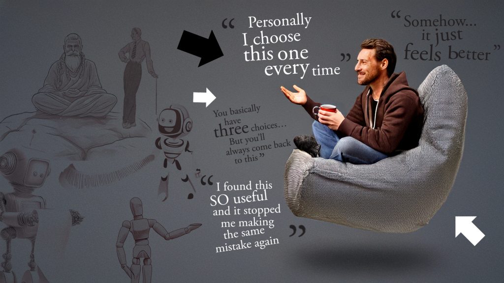 A furry, comfy chair floats in the ether, it's occupied by a friendly, clever-looking dude in a hoody and jeans. He's saying 
