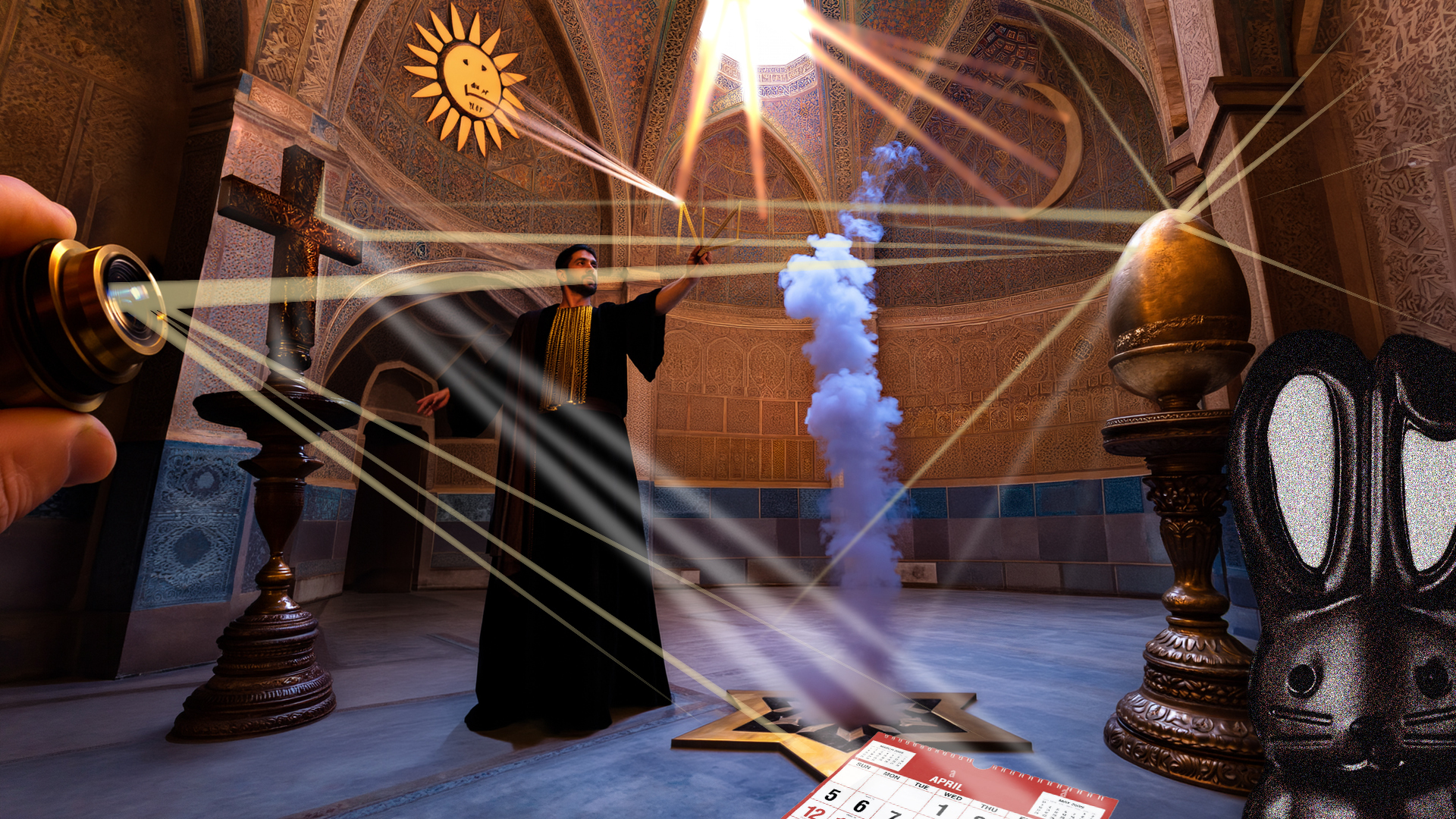 We're in a temple of all faiths. A ray of moonlight, passes through several astronomical instruments, egg-shaped globe and an incense burner, to highlight the date of Easter on the calendar. Bottom right corner, a stone carved figure that might just be a bunny. Our visual metaphor for the creation of the brilliant, transparent and free to use Easter Algorithm.