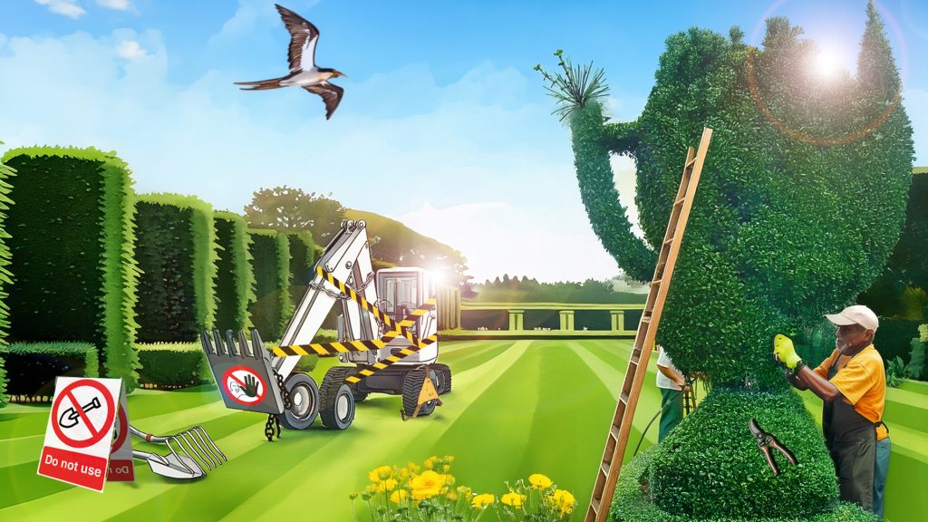 A beautiful garden in vivid shades of green and blue, surrounded by tall hedges. On the grass, a mechanical diggers is wrapped in black and yellow 