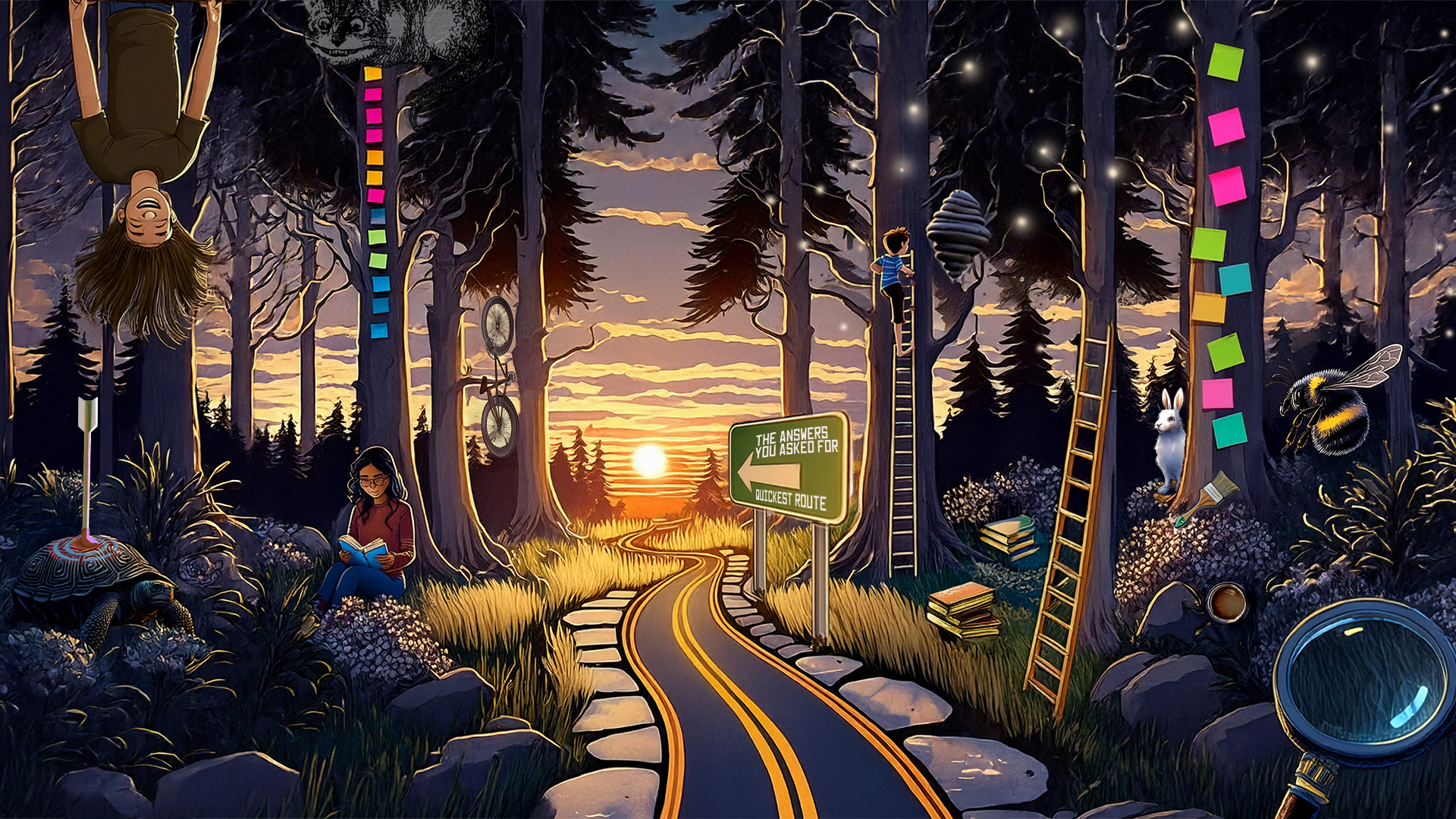 A narrow road runs through a fantasy forest. Thick yellow road markings scream 'stay in your lane' and a sign reads 'The answer you've asked for: quickest route. But to the sides, all kinds of interesting phenomena to be explored. PostIts on tree trunks. Piles of books. A white rabbit. A young child sitting alone, reading a blue book. A ladder climbing to a hornet's nest. This is our visual metaphor for curiosity in an age of answers.