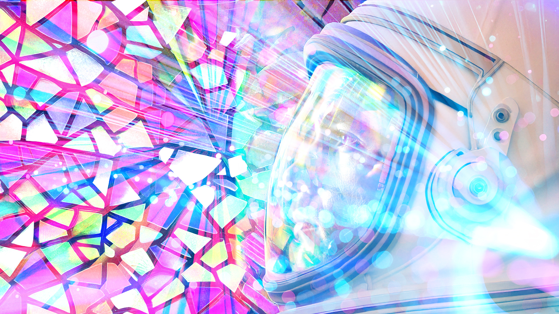 An astronaut's helmet light illuminates stained glass, in a scene reminiscent of 2001: A space oddysey.